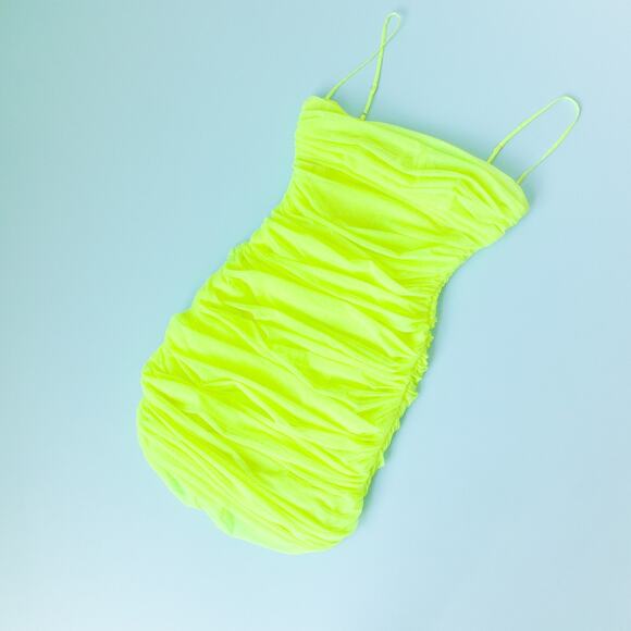 House of CB London Ella Neon Green Ruched Bodycon Mini Dress Size Medium - Picture 2 of 9